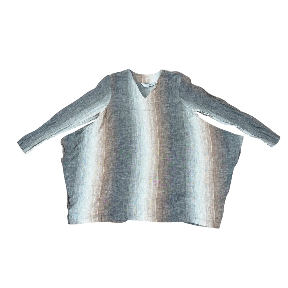 Lagenlook 100% Linen Tunic Top OS Grey Brown White Striped Coastal Relaxed Itemz